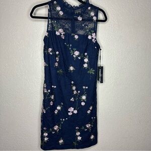 Karl Lagerfeld Navy Dress with Pink Floral Embroidery